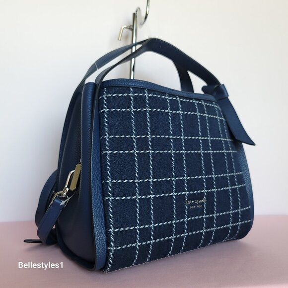 KATE SPADE Knott MEDIUM Denim Check & Leather Crossbody Tote- Indigo Multi⭐ - Picture 4 of 16